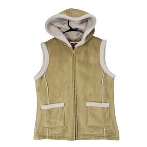 Moose Creek‎ Sherpa Vest Jacket sz L Women Faux Suede Leather Hooded Beige Cream